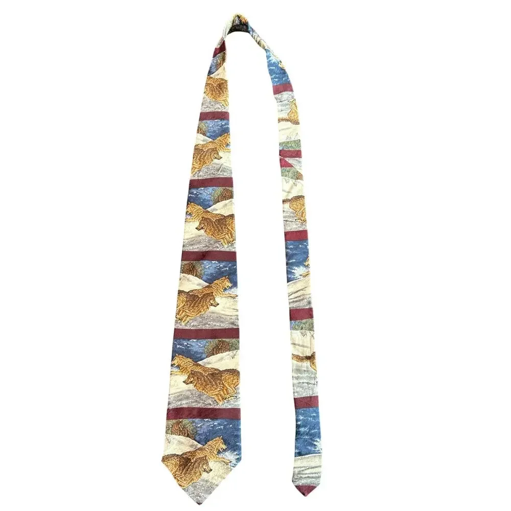Vtg 98 Novelty Silk Tie- Men’s OSFM- red blue- wolves wolf pack - Greg Beecham